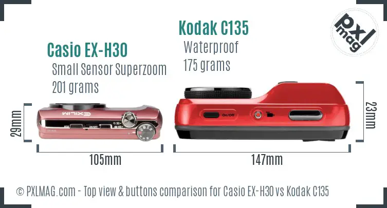 Casio EX-H30 vs Kodak C135 top view buttons comparison Casio EX-H30 vs Kodak C135 top view buttons comparison