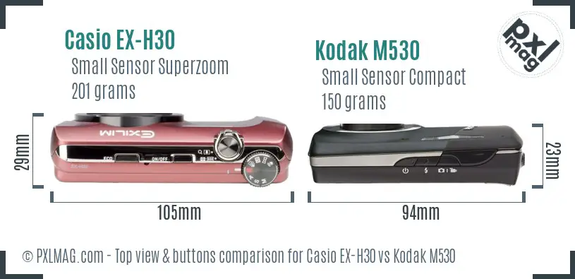 Casio EX-H30 vs Kodak M530 top view buttons comparison