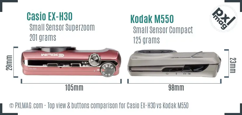 Casio EX-H30 vs Kodak M550 top view buttons comparison