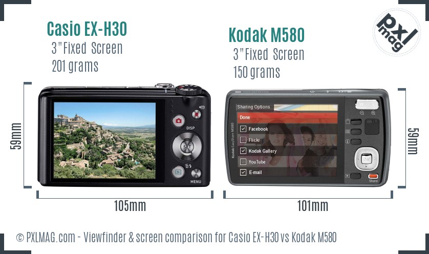 Casio EX-H30 vs Kodak M580 Screen and Viewfinder comparison