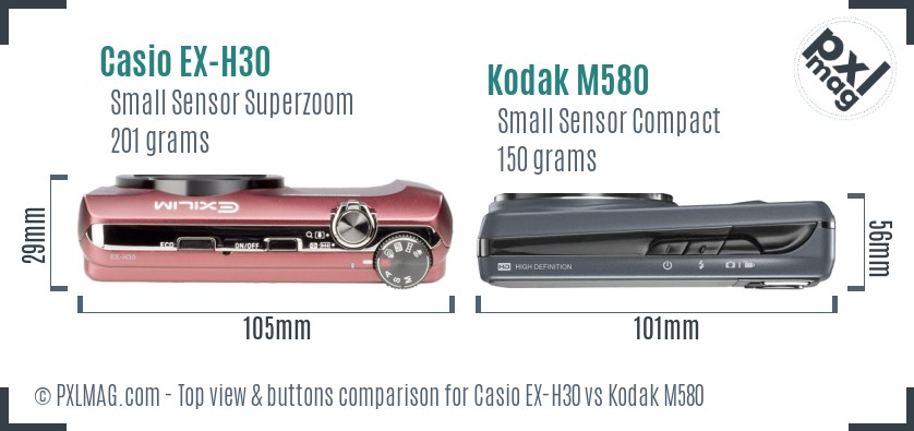 Casio EX-H30 vs Kodak M580 top view buttons comparison