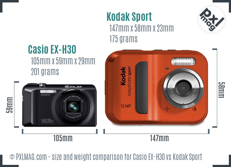 Casio EX-H30 vs Kodak Sport size comparison