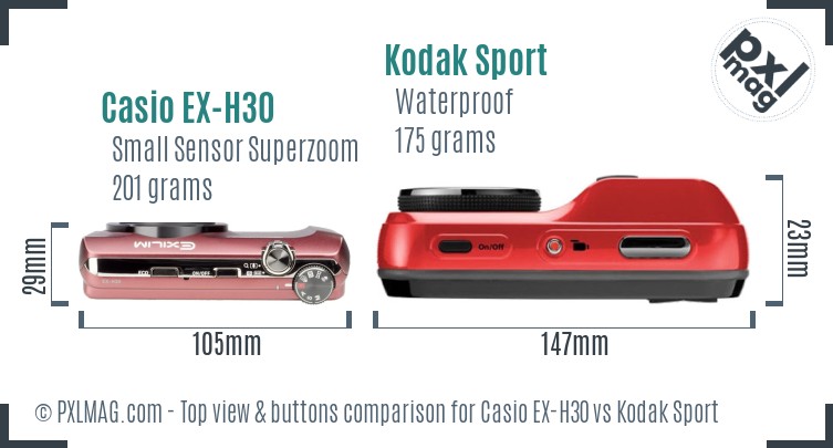 Casio EX-H30 vs Kodak Sport top view buttons comparison