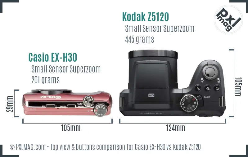 Casio EX-H30 vs Kodak Z5120 top view buttons comparison