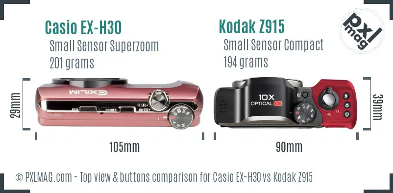 Casio EX-H30 vs Kodak Z915 top view buttons comparison