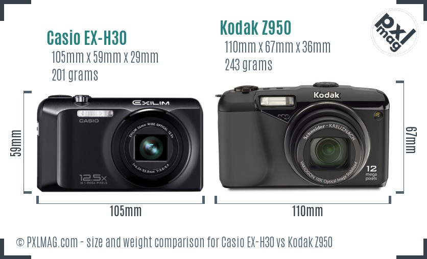 Casio EX-H30 vs Kodak Z950 size comparison