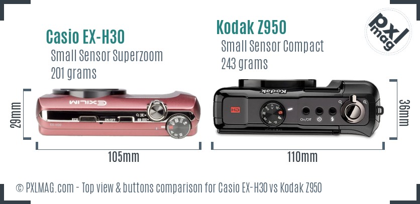 Casio EX-H30 vs Kodak Z950 top view buttons comparison