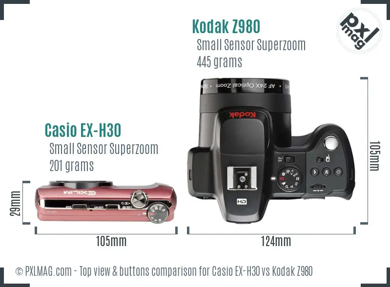 Casio EX-H30 vs Kodak Z980 top view buttons comparison Casio EX-H30 vs Kodak Z980 top view buttons comparison