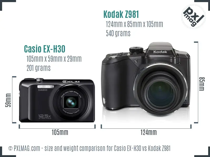 Casio EX-H30 vs Kodak Z981 size comparison