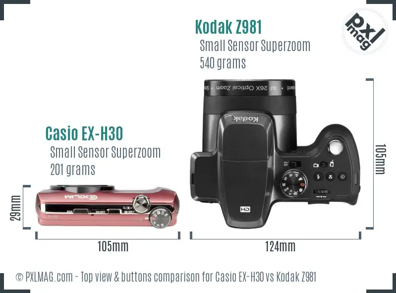 Casio EX-H30 vs Kodak Z981 top view buttons comparison
