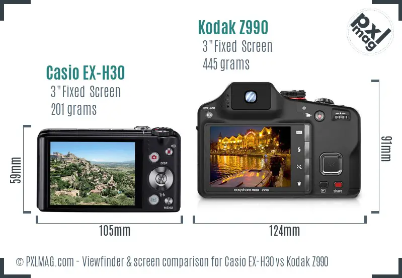 Casio EX-H30 vs Kodak Z990 Screen and Viewfinder comparison