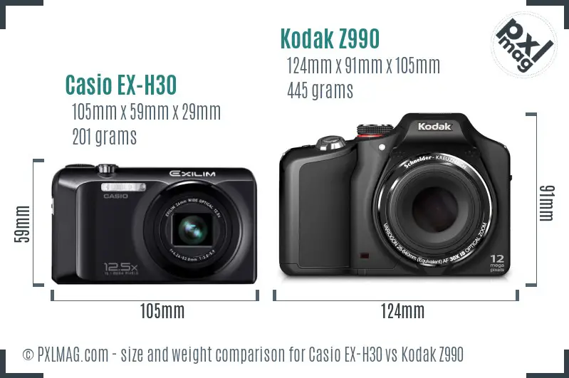 Casio EX-H30 vs Kodak Z990 size comparison