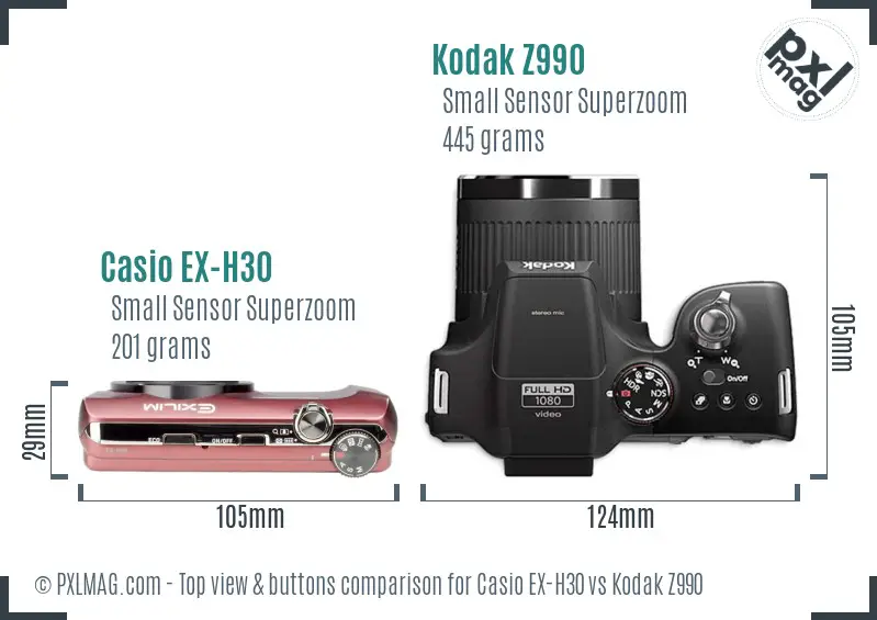 Casio EX-H30 vs Kodak Z990 top view buttons comparison