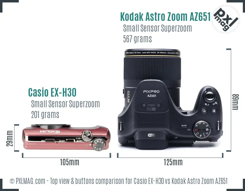 Casio EX-H30 vs Kodak Astro Zoom AZ651 top view buttons comparison