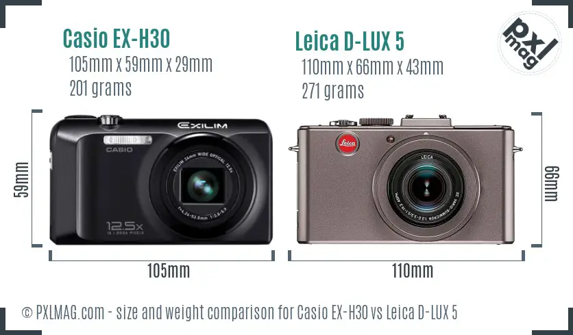 Casio EX-H30 vs Leica D-LUX 5 size comparison