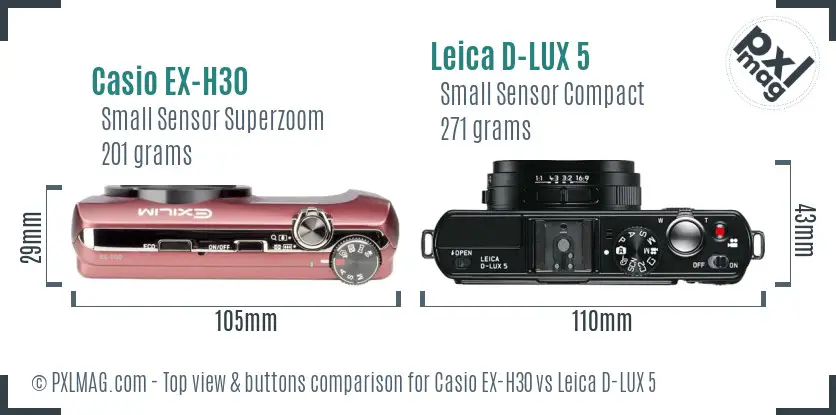 Casio EX-H30 vs Leica D-LUX 5 top view buttons comparison