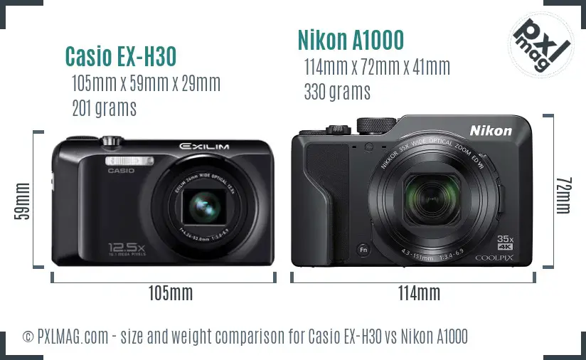 Casio EX-H30 vs Nikon A1000 size comparison