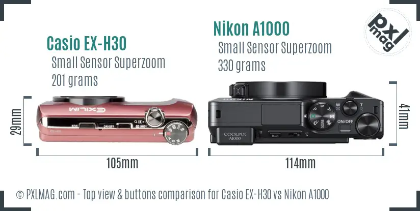Casio EX-H30 vs Nikon A1000 top view buttons comparison