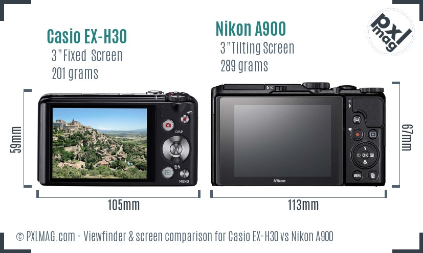 Casio EX-H30 vs Nikon A900 Screen and Viewfinder comparison