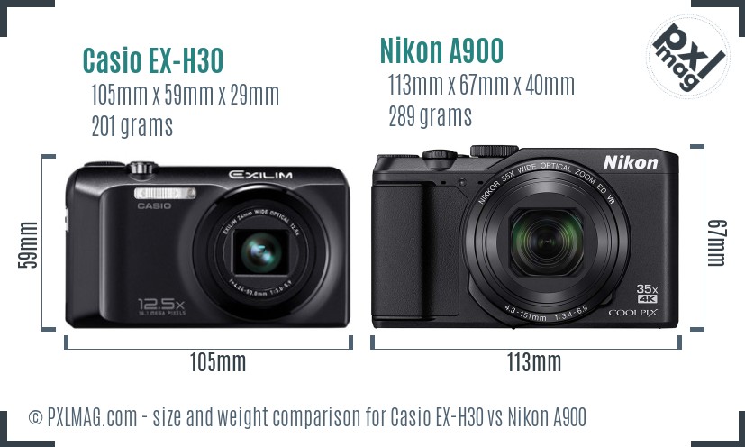 Casio EX-H30 vs Nikon A900 size comparison
