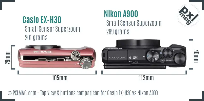 Casio EX-H30 vs Nikon A900 top view buttons comparison