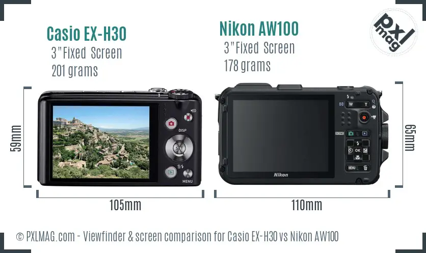 Casio EX-H30 vs Nikon AW100 Screen and Viewfinder comparison