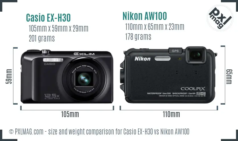 Casio EX-H30 vs Nikon AW100 size comparison
