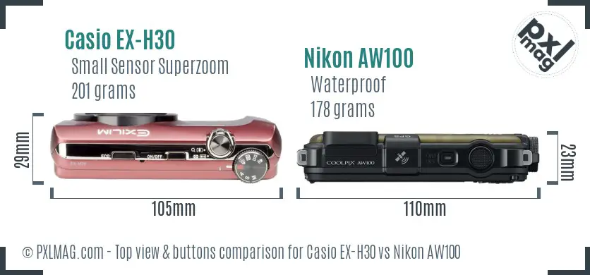 Casio EX-H30 vs Nikon AW100 top view buttons comparison