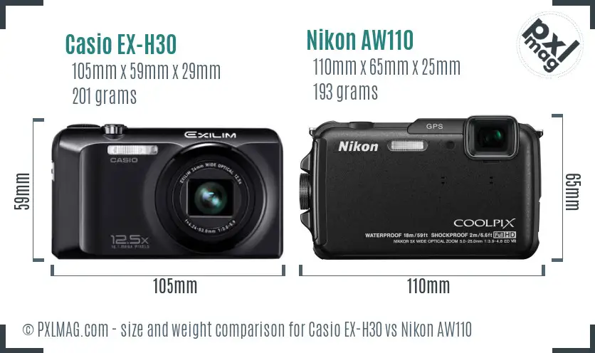 Casio EX-H30 vs Nikon AW110 size comparison Casio EX-H30 vs Nikon AW110 size comparison