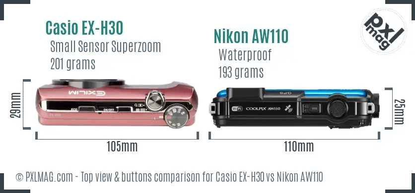 Casio EX-H30 vs Nikon AW110 top view buttons comparison Casio EX-H30 vs Nikon AW110 top view buttons comparison