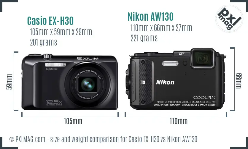 Casio EX-H30 vs Nikon AW130 size comparison