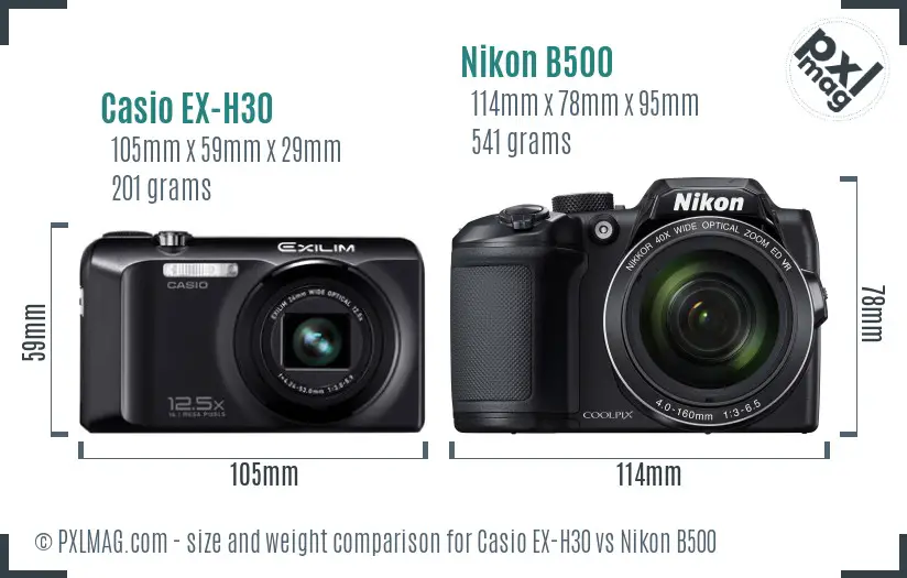 Casio EX-H30 vs Nikon B500 size comparison