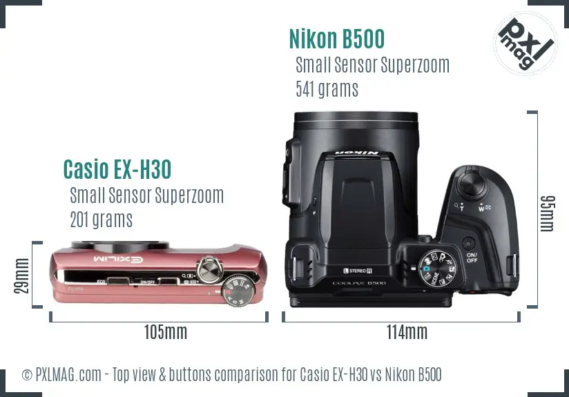 Casio EX-H30 vs Nikon B500 top view buttons comparison