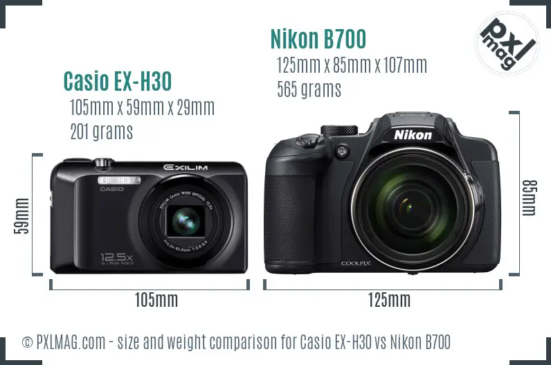 Casio EX-H30 vs Nikon B700 size comparison