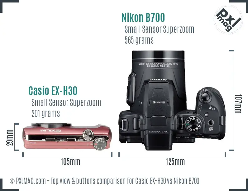 Casio EX-H30 vs Nikon B700 top view buttons comparison