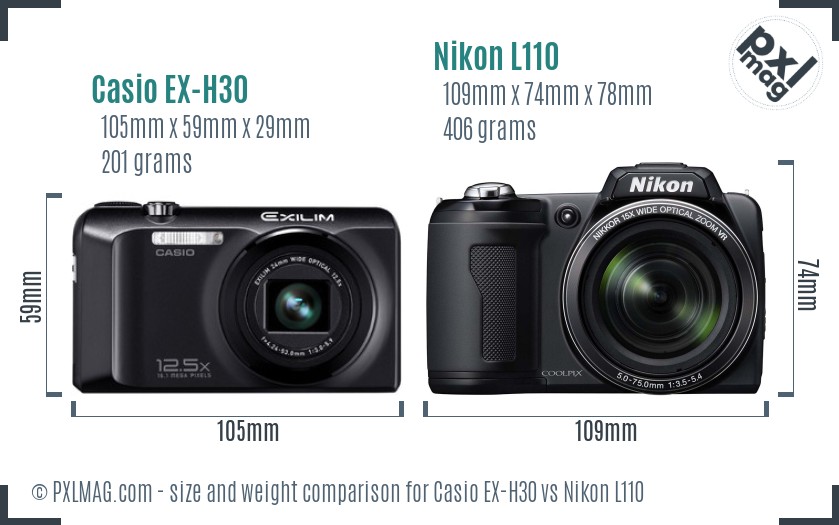 Casio EX-H30 vs Nikon L110 size comparison