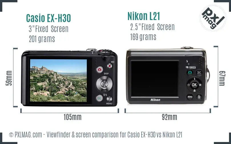 Casio EX-H30 vs Nikon L21 Screen and Viewfinder comparison