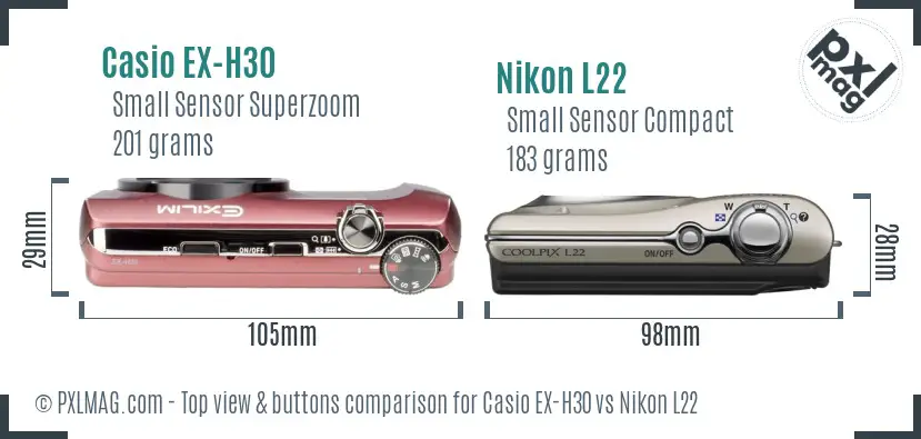 Casio EX-H30 vs Nikon L22 top view buttons comparison