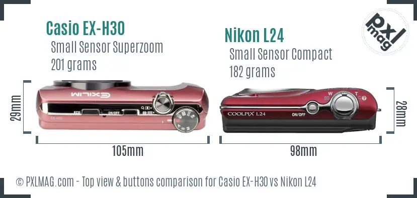 Casio EX-H30 vs Nikon L24 top view buttons comparison Casio EX-H30 vs Nikon L24 top view buttons comparison