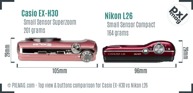 Casio EX-H30 vs Nikon L26 top view buttons comparison Casio EX-H30 vs Nikon L26 top view buttons comparison