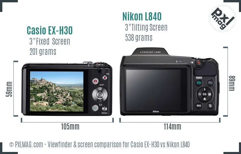 Casio EX-H30 vs Nikon L840 Screen and Viewfinder comparison