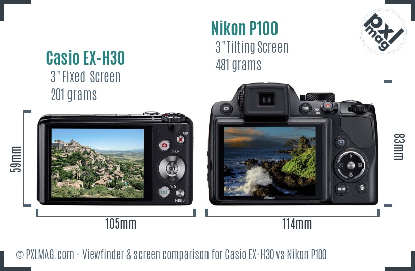Casio EX-H30 vs Nikon P100 Screen and Viewfinder comparison