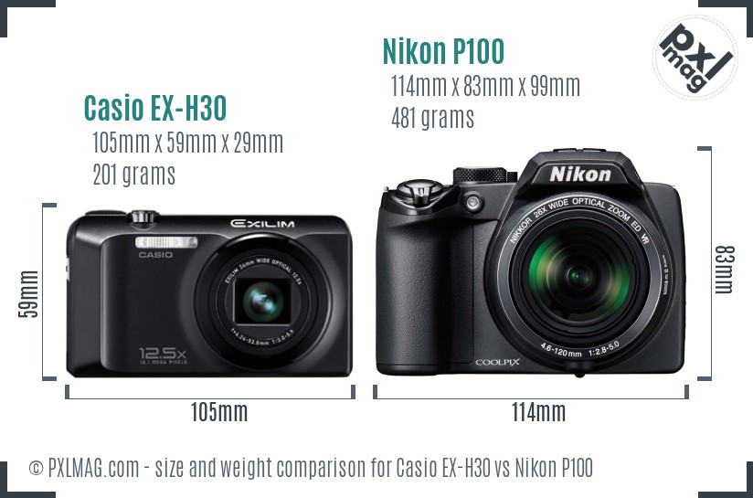 Casio EX-H30 vs Nikon P100 size comparison
