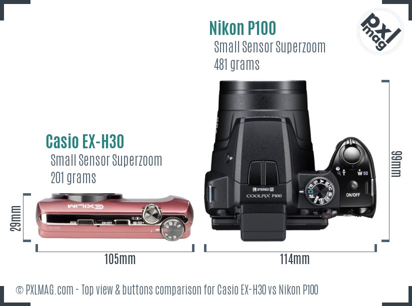 Casio EX-H30 vs Nikon P100 top view buttons comparison