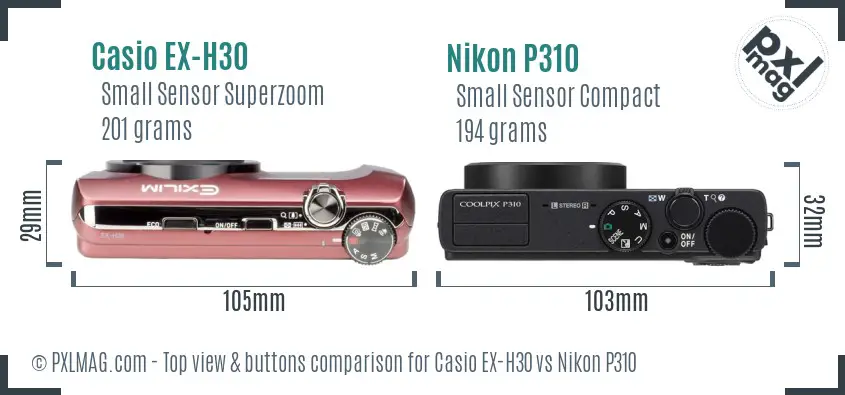 Casio EX-H30 vs Nikon P310 top view buttons comparison