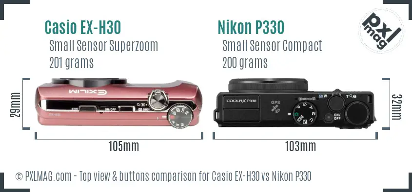 Casio EX-H30 vs Nikon P330 top view buttons comparison Casio EX-H30 vs Nikon P330 top view buttons comparison