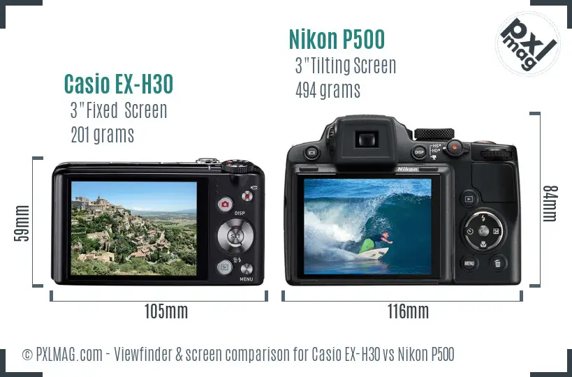 Casio EX-H30 vs Nikon P500 Screen and Viewfinder comparison
