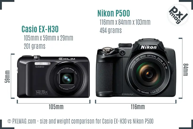 Casio EX-H30 vs Nikon P500 size comparison