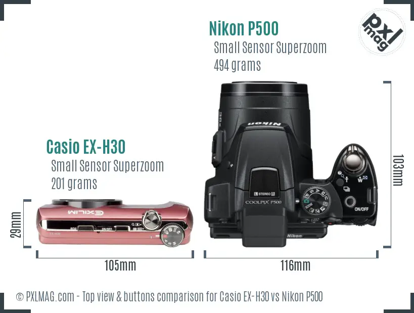 Casio EX-H30 vs Nikon P500 top view buttons comparison