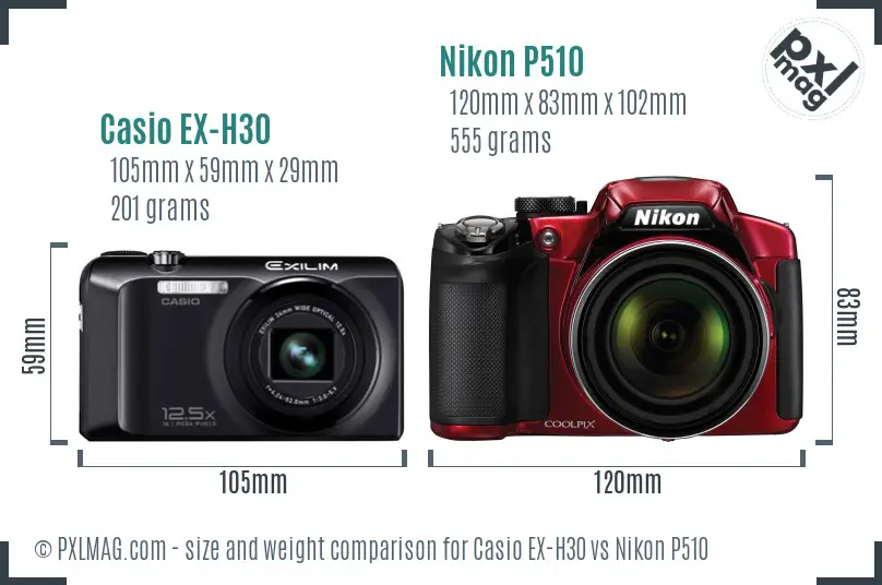 Casio EX-H30 vs Nikon P510 size comparison Casio EX-H30 vs Nikon P510 size comparison